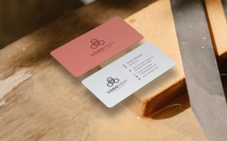 Realistic Business Card Mockup on Wooden Piece Product Mockup