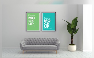 Gray Sofa In A Minimalistic Living Room With Frames On Walls Product Mockup