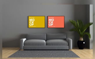 Living Room Sofa With Cushions And Frames Product Mockup