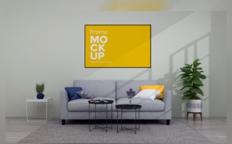 Gray Sofa In A Minimalistic Living Room With A Frame, Houseplant Product Mockup