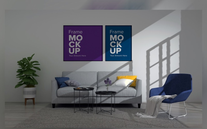 Living Room With Two Frames On The Wall Product Mockup