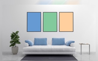 A Comfortable Sofa In A Living Room With A Three Frame Mockup, Houseplant