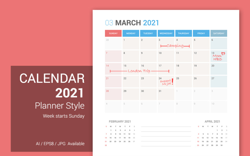 Calendar 2021 Planner Design Week Starts Sunday Planner