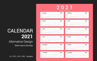 Calendar 2021 Week Starts Monday Planner
