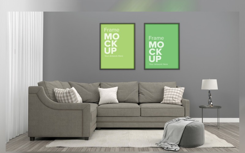 Living Room Sofa With Cushions And Lamp Frame Mockup Product Mockup