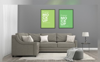 Living Room Sofa With Cushions And Lamp Frame Mockup