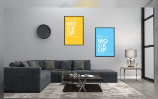 Modern Living Room Mockup A Lamp In A Fluffy Rub And Wall Frame Mockup
