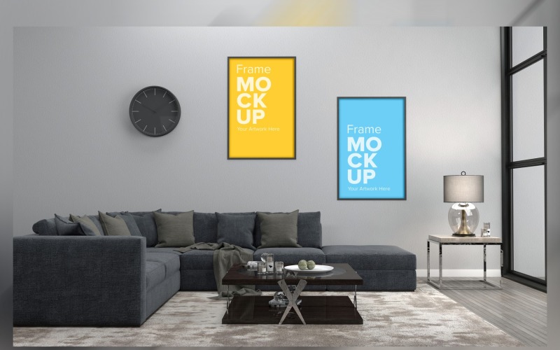 Modern Living Room Mockup A Lamp In A Fluffy Rub And Wall Frame Mockup Product Mockup