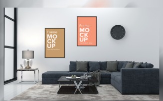 Modern Living Room, Sofa With Cushions And Two Frame Mockup