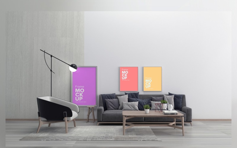 Modern Sofa With Cushions And A Lamp In A Living Room with three frame Mockup Product Mockup