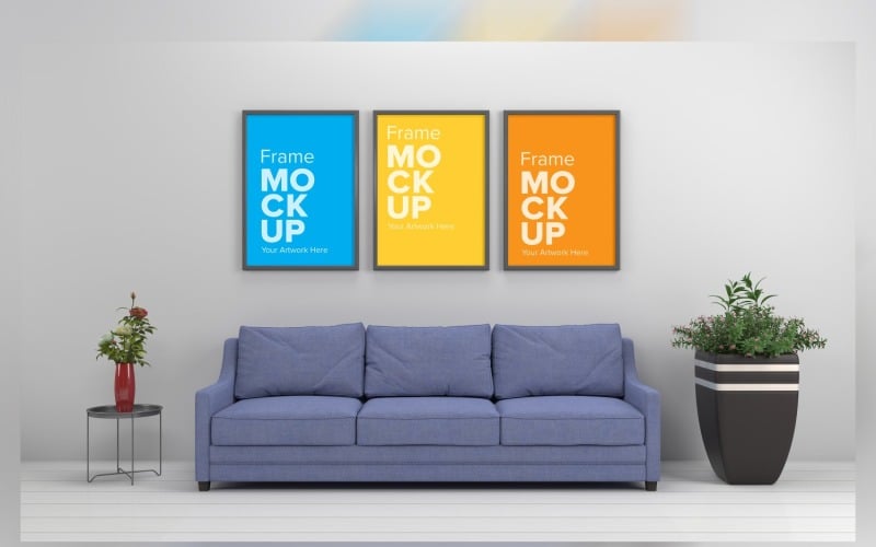 Simple Sofa With Cushions, Houseplant In A Room With Three Frame Mockup Product Mockup