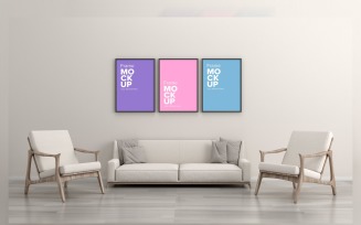 Small Comfortable Chair With A Table In A Living Room With Three Frame Mockup