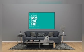 Gray Sofa In A Minimalistic Living Room With Frames Mockup On Wall
