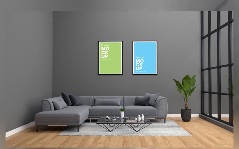 Gray Sofa With Cushions In A Living Room With A Frame Mockup, Houseplant Product Mockup