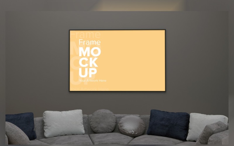 Modern Living Room, Sofa With Colorful Cushions And Frame Mockup Product Mockup