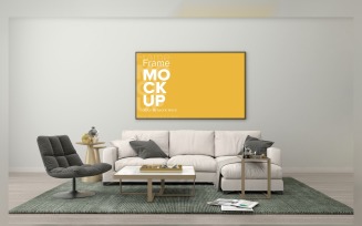 Modern Sofa With Cushions And A Table In A Living Room Frame mockup