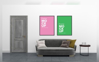 Simple Sofa With Colorful Cushions, In A Room With Frames Mockup