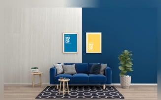 A Comfortable Blue Sofa With Colorful Cushions In A Room With Frames On A Wall Frame Mockup
