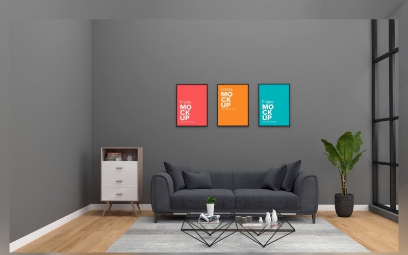 A Comfortable Gray Sofa With Colorful Cushions In A Room With Frames On A Wall Mockup Product Mockup