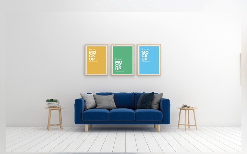 Blue Sofa With Colorful Cushions In A Room With Three Frames On A Wall Mockup Product Mockup