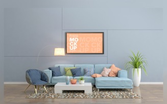 Comfortable Sofa With Colorful Cushions In A Room With Frames On A Wall Mockup