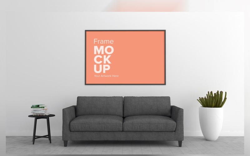 Gray Sofa In A Minimalistic Living Room With Frames On Walls Mockup Product Mockup