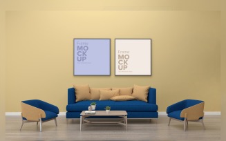 Luxury Sofa With Colorful Cushions In A Room With Frames On A Wall Mockup