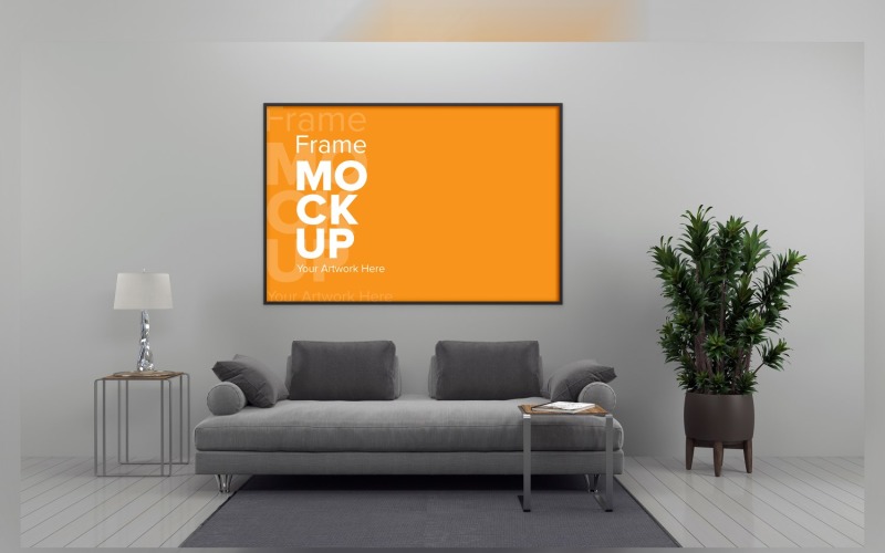 Modern Sofa With Cushions, Lamp And Houseplant In A Room Mockup Product Mockup