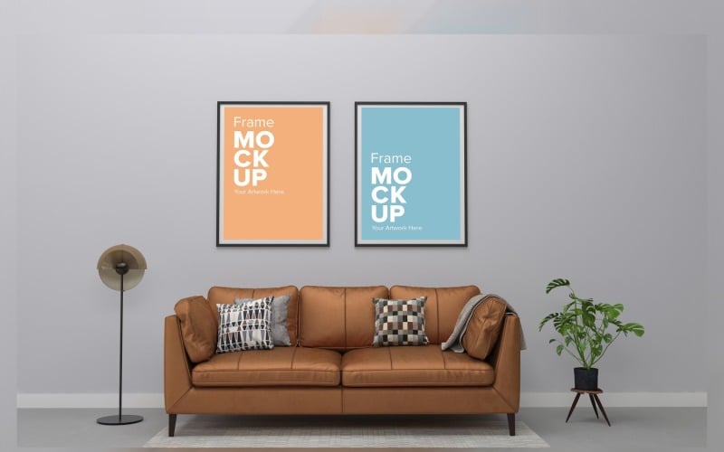 Simple Sofa With Colorful Cushions, Lamp And Houseplant In A Room Mockup Product Mockup