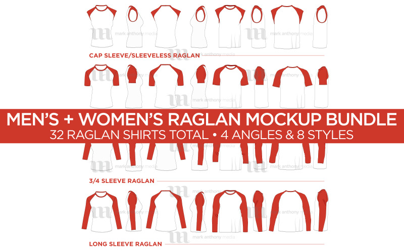 Raglan Men's + Women's Shirt Bundle Vector Mockup Template Vector Graphic