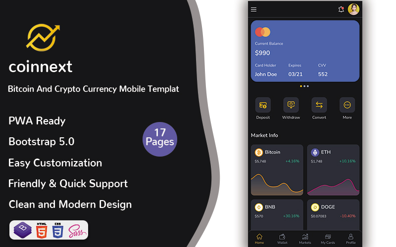 Nextcoin - Bitcoin And Crypto Currency Mobile Template (PWA)