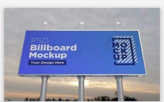 Three Pole Outdoor Advertising Sign Mockup Front View