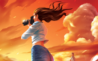 Free Lady Photographer Is Taking Photo Beautiful Sunset Farther Man Is Stealing Her Glance Vectors