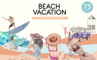Beach Vacation in Summer Watercolor Set Illustration