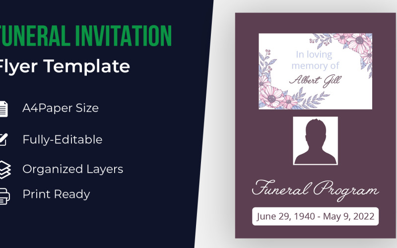 Floral Memorial & Funeral Invitation Flyer Template Design Corporate Identity