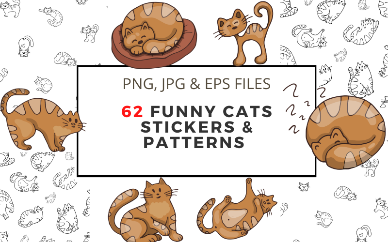 62 Funny Cats Stickers and Patterns Vector Drawings Illustration Vector Graphic
