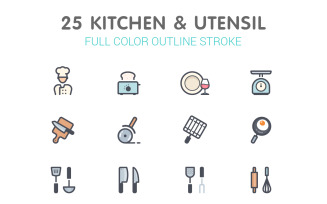 Kitchenware and Utensil Line with Color Iconset template