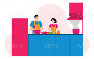 Couple Cooking Together Vector Illustration