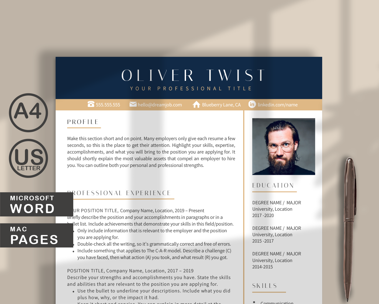 Professional Resume Template for WORD & PAGES, Resume Template Word, Resume & CV Template