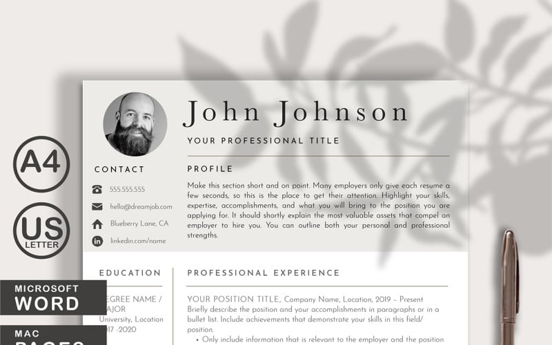 Modern Resume CV Template with Photo for WORDS and PAGES Resume Template