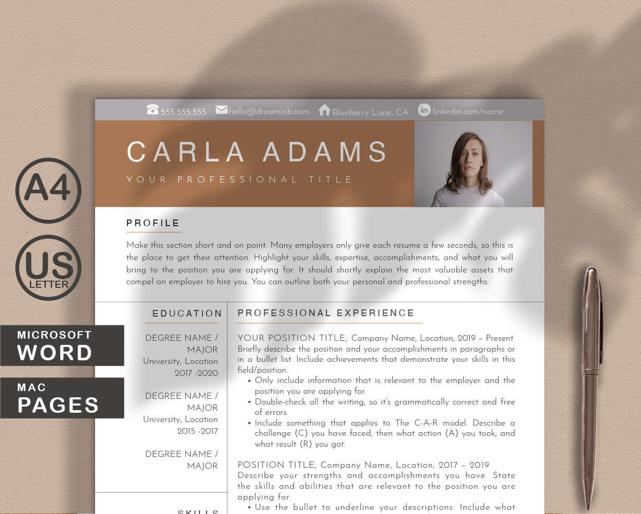 Carla Adams Clean Modern Resume Template for WORD and PAGES