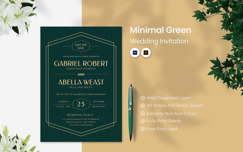Minimal Green Wedding Invitation Corporate Identity