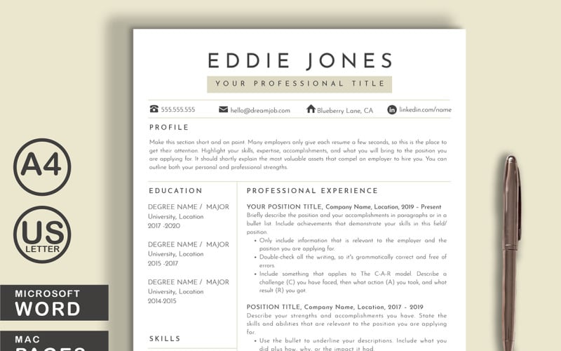 Eddie Word Pages Printable Resume Templates