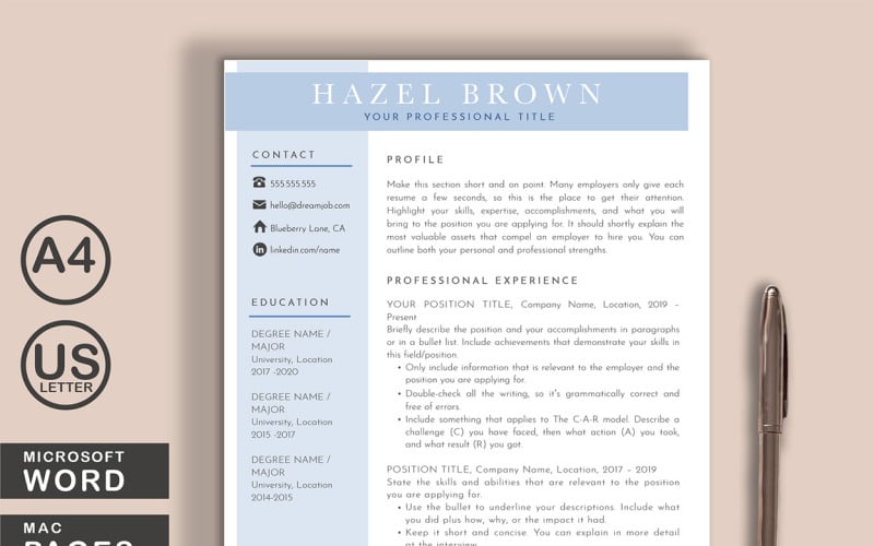 Hazel Word Pages Printable Resume Templates
