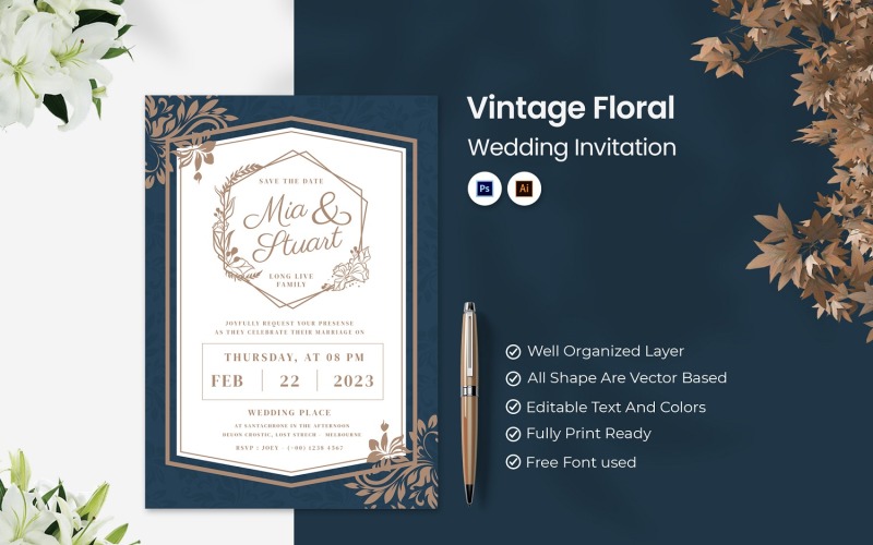 Vintage Floral Wedding Invitation Corporate Identity