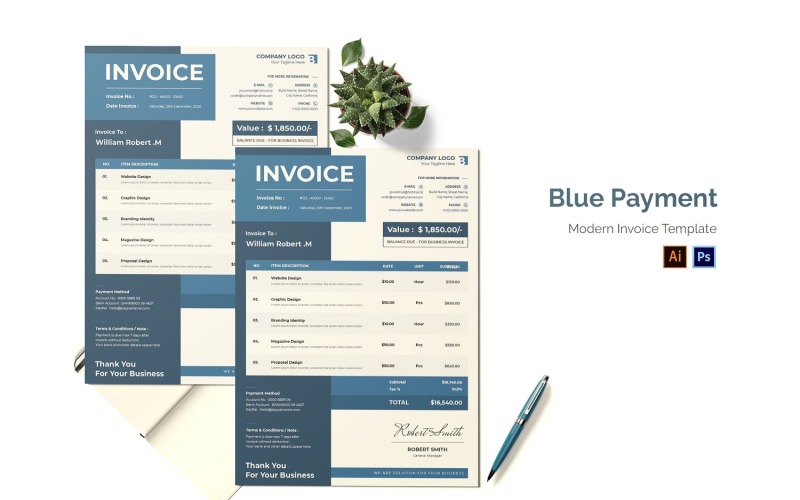 Blue Payment Invoice Print Template Corporate Identity