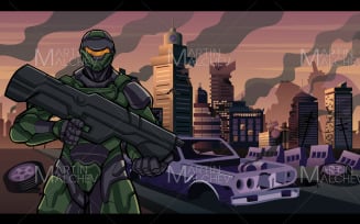 Futuristic Soldier in City in Ruins Vector Illustration.