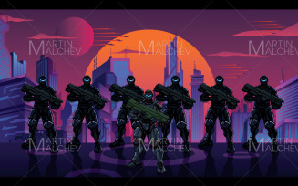 Futuristic Soldier Squad in City Vector Illustration.