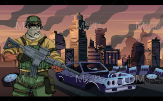 Soldier in City in Ruins Vector Illustration.