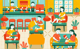 People in Cozy Cafe - Vector Illustration #01